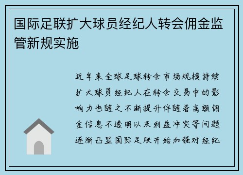 国际足联扩大球员经纪人转会佣金监管新规实施 国际足联扩大球员经纪人转会佣金监管新规实施